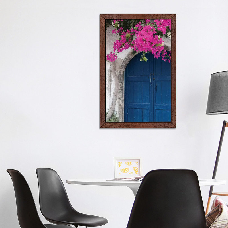 Greece, Santorini Weathered Blue Door Is Framed by Bright Pink Bougainvillea Blossoms 1 Piece Floater Frame Wall Art on Canvas