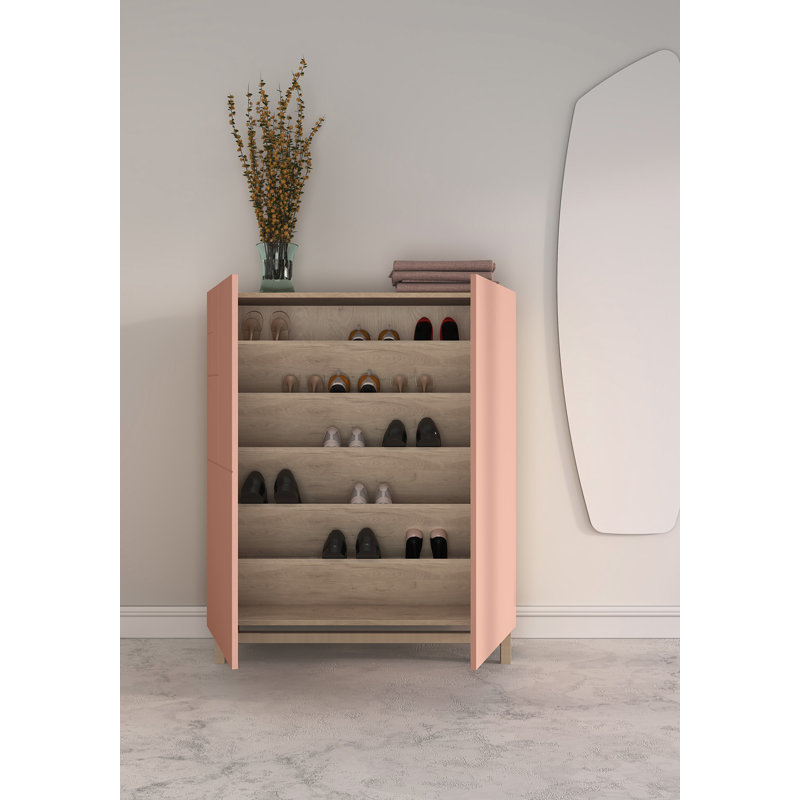 18 Pair Shoe Storage Cabinet, Pink/Light Oak