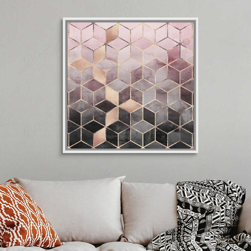 " Pink Grey Gradient Cubes ", 37.7" H x 37.7" W x 1.75" D, White Framed