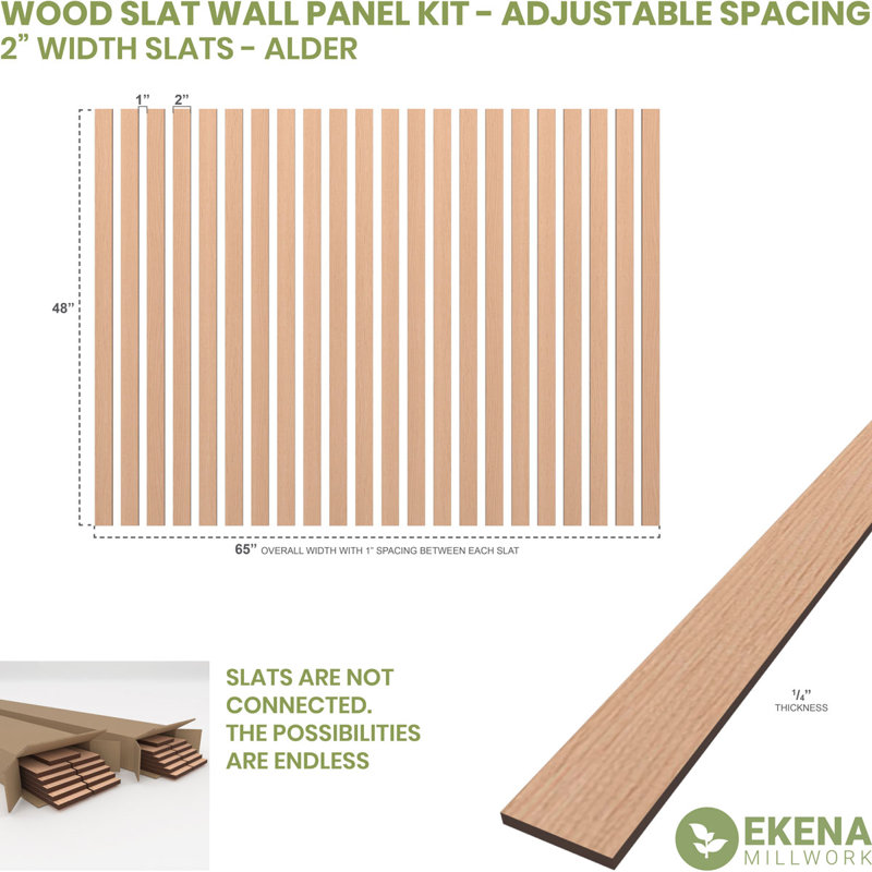 Adjustable Wood Slat Wall Panel Kit, 4"W x 94"H x 0.25"T, Alder