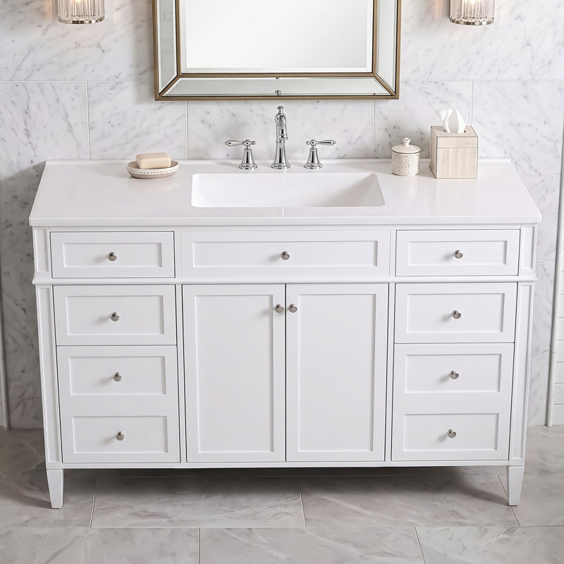 Meuble-lavabo de salle de bain de 122 cm (48 po) avec lavabo, meuble-lavabo autoportant en MDF avec 6 tiroirs et 2 portes, ensemble meuble-lavabo avec lavabo en composite, charnières à fermeture douce et poignées en métal argenté