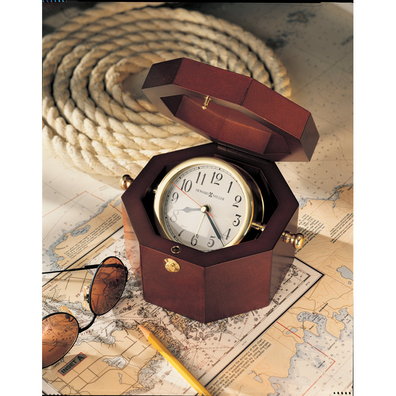 Chronometer Nautical Tabletop Clock, Octagonal Hardwood Chest, Swiveling Gimbals, Quartz Alarm Movement