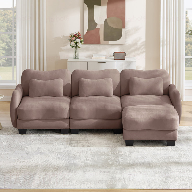 Canapé en L Chenille avec 1 repose-pieds mobile, canapé modulaire surdimensionné à 3 places avec 3 coussins de taille exquise, conception ergonomique, canapé modulaire facile à assembler