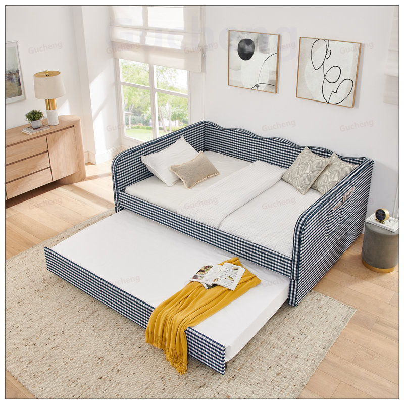 Canapé-lit convertible polyvalent 3-en-1 avec couchette coulissante et poches de rangement latérales Gingham, idéal pour les petits espaces