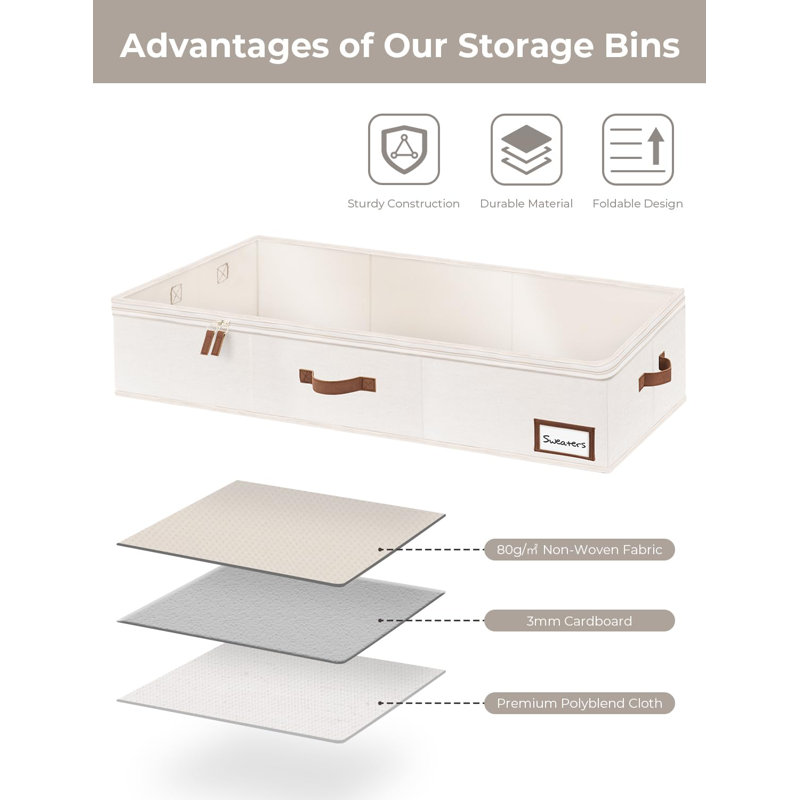 Ivory Fabric Collapsible Under Bed Storage Boxes with Handles