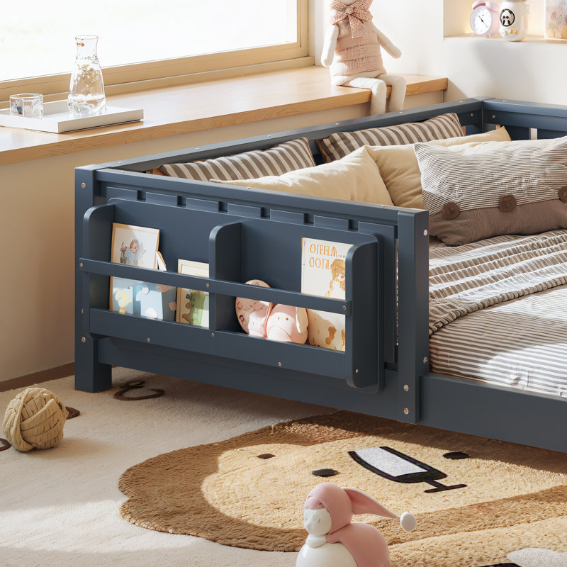 Structure de lit double avec bibliothèque intégrée, lit plateforme pour enfants Safety Guard, bleu, Full, Blue