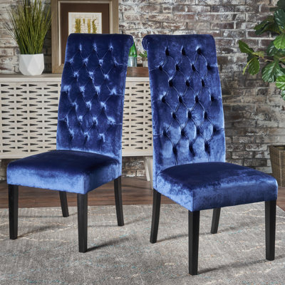 Ensemble de 2 chaises de salle à manger Marie, bouleau, velours bleu marine à haut dossier