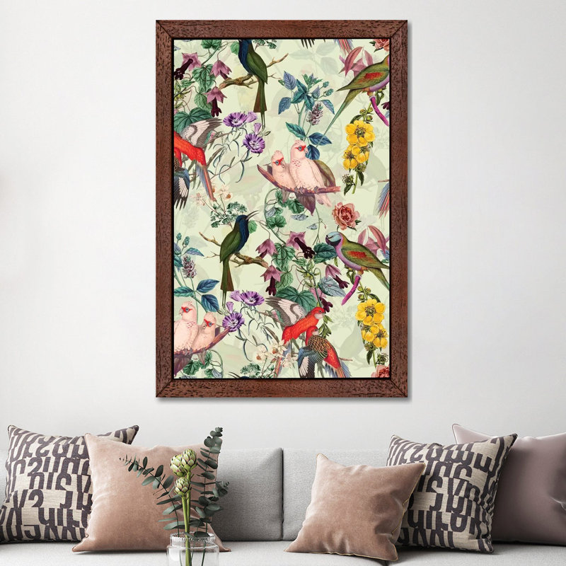 Floral And Birds Viii by Burcu Korkmazyurek - Painting on Canvas, 101.6 cm H x 66.04 cm W, Brown Framed