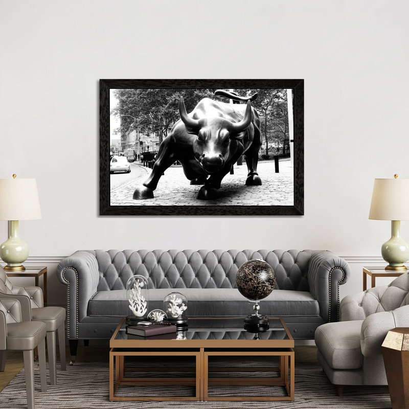 Wall Street Bull Black And White - Print on Canvas, 101.6 cm H x 66.04 cm W, Black Framed