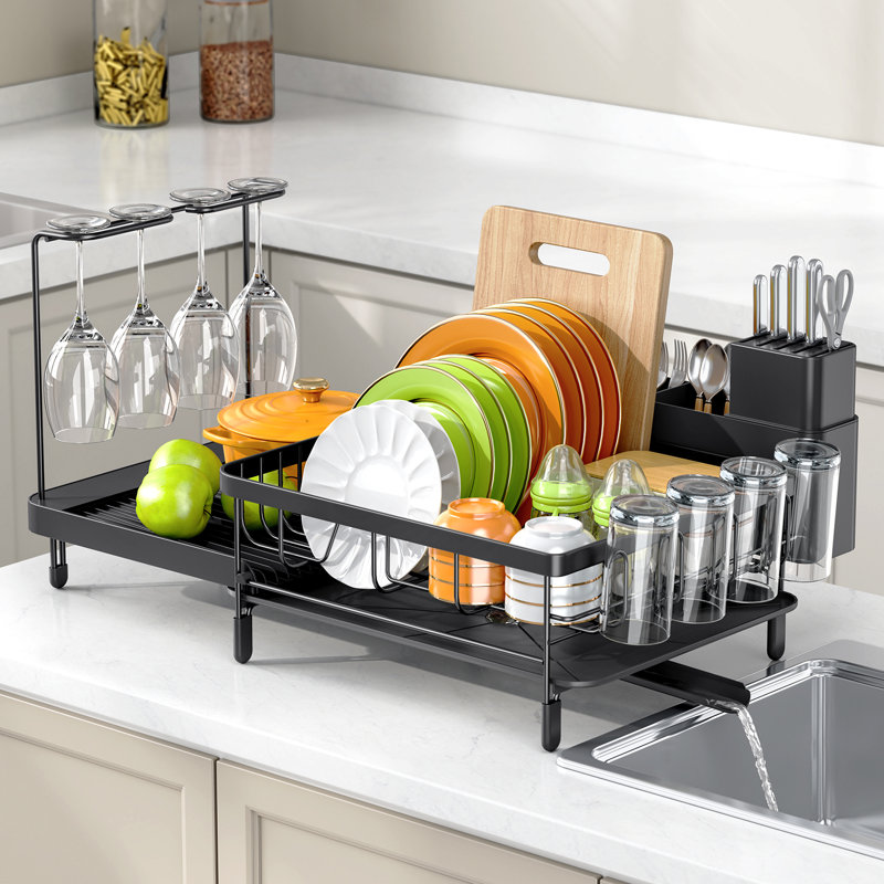 Stainless Steel Dish Drying Rack,Extra Large Capacity Dish Drainer,Extendable Dish Rack with Wine Glasses,Plate Rack