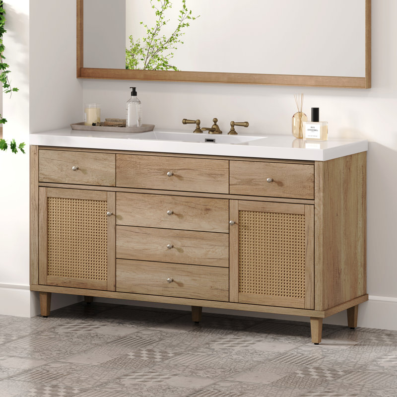 Meuble-lavabo 60 po en bois naturel avec armoires en rotin et lavabo SMC