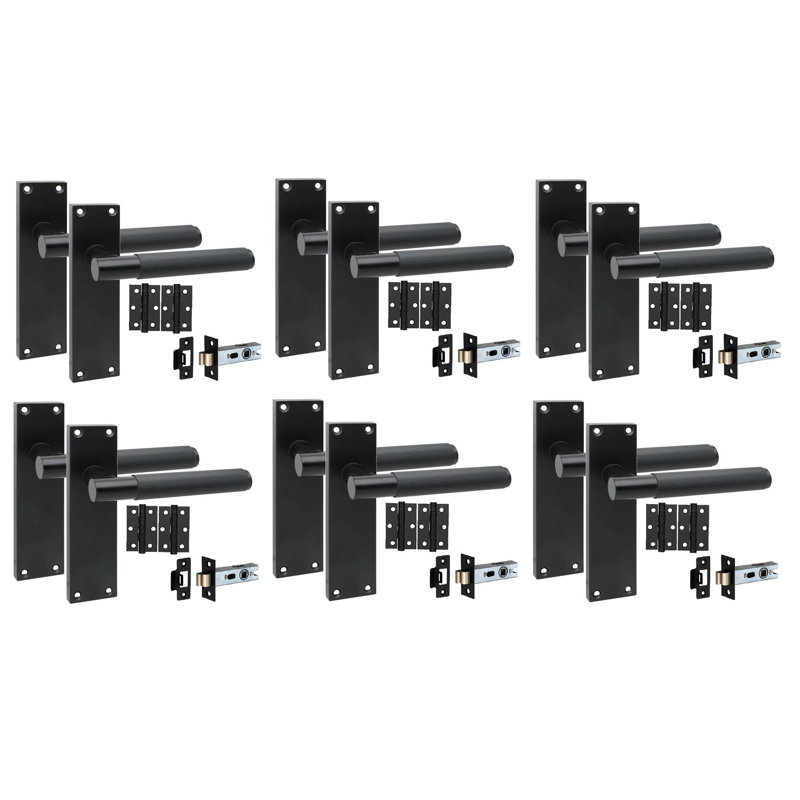 Golden Grace 6 Pair Victorian T-Bar Linear Design Door Handle Matt Black Finish with Ball Bearing Hinges and Latches - 150 x 40mm