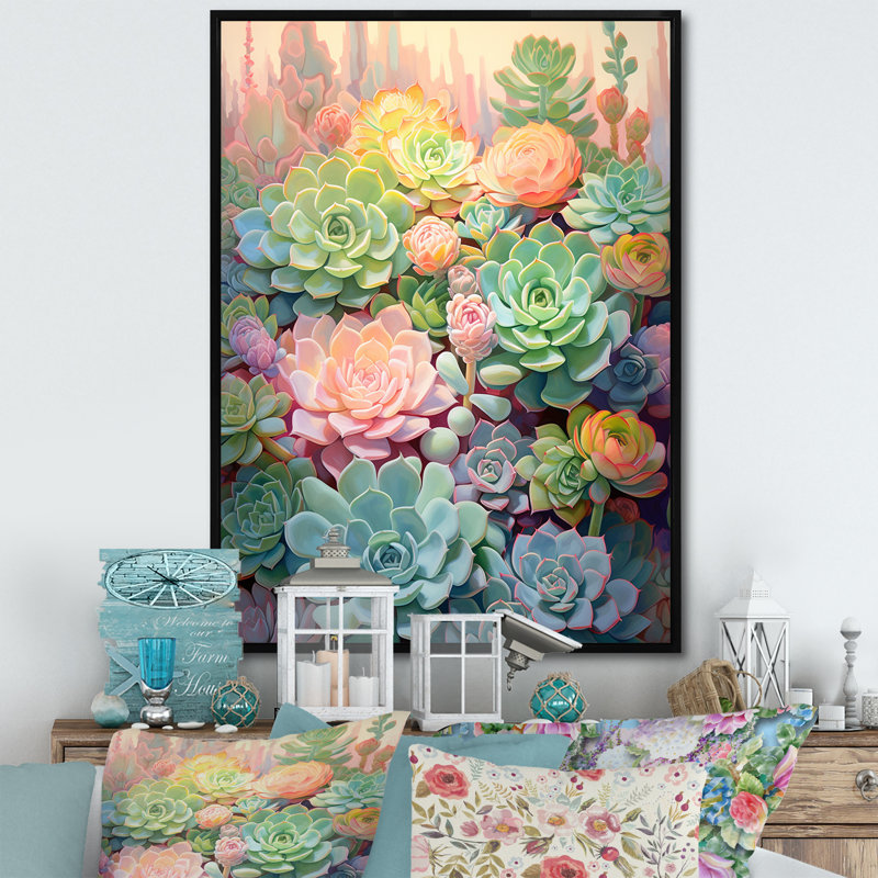 «Chervil Green Succulents Dreams», reproduction sur toile, H 44 po x l 34 po x P 1,5 po, Cadre flottant noir