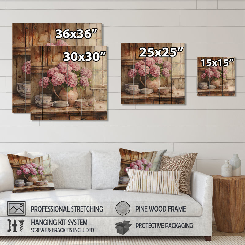 Hortensias dans la ferme II - Art mural en bois d'hortensias - sur bois de pin naturel, H 36 po x l 36 po