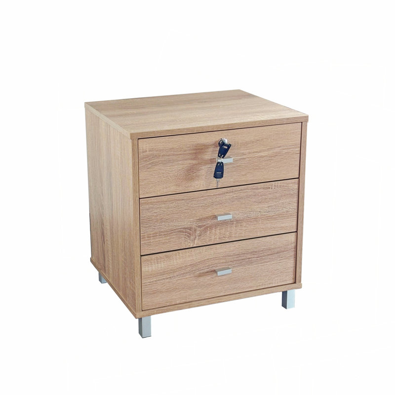 Table de chevet moderne à trois tiroirs avec tiroir supérieur verrouillable, solide et durable