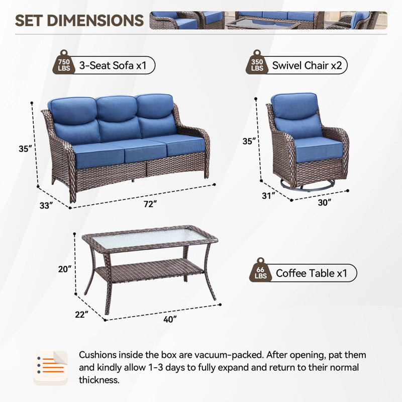 Wickes Haven 5-Person PE Wicker Outdoor Patio Conversation Set With Sofa Swivel Glider Chairs And 6" Thickness Cushions, Blue