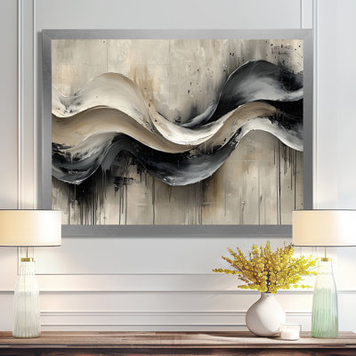 Grey On White Rhythmic Drizzle Ink River IV - Abstract Modern Waves Wall Art