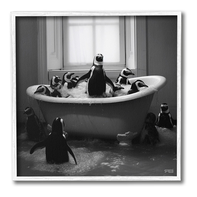 «Penguin Flock in Tub», estampe numérique encadrée par RB, Giclée encadrée blanc bord de mer, H 17 po x l 17 po