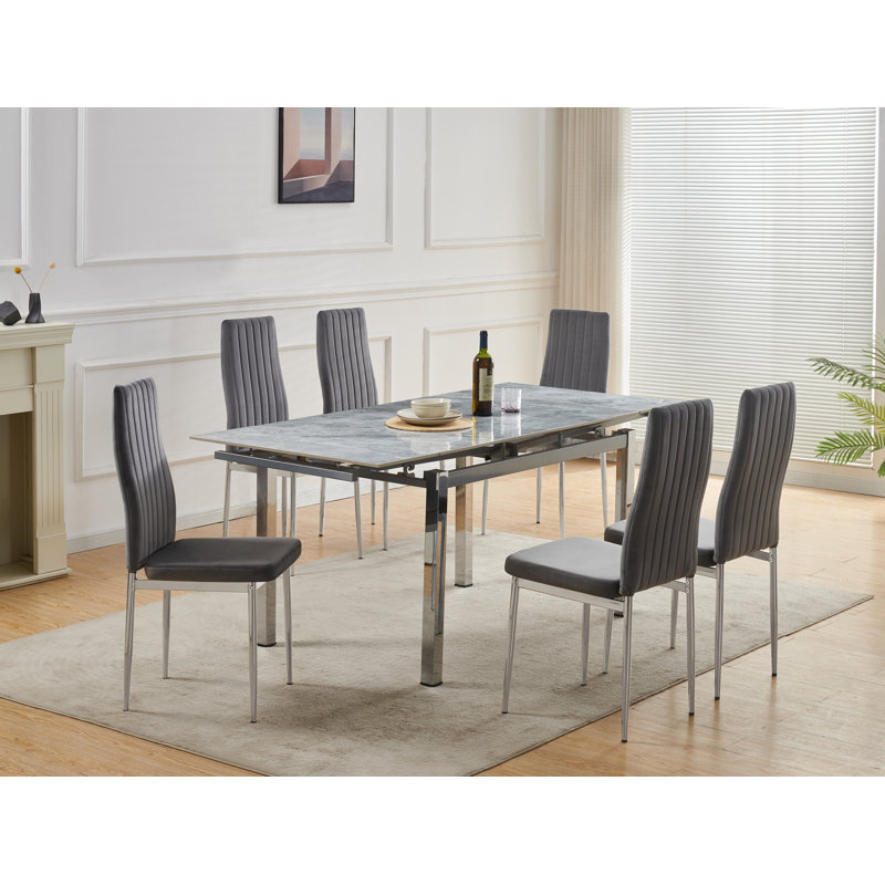 Grande Grey Sintered Stone Extending Dining Table with 6 Monza Grey Velvet Chairs