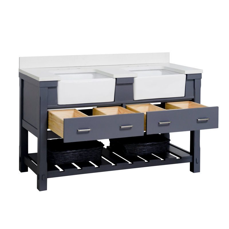 Ensemble de meuble-lavabo double 60 po Hitton, Gris marine, Quartz