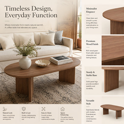 Table basse ovale moderne de 39,37 pouces pour le salon, table d'appoint à piédestal minimaliste avec plateau spacieux pour appartement, chambre et salon