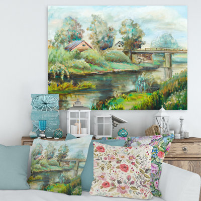 Pont sur la rivière dans un paysage rustique - peinture sur toile