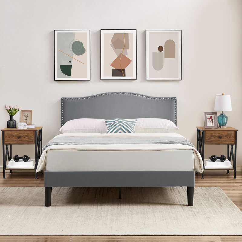 Ensemble de chambre avec lit plateforme 3 pièces Polizzi, Gris foncé / brun, Grand