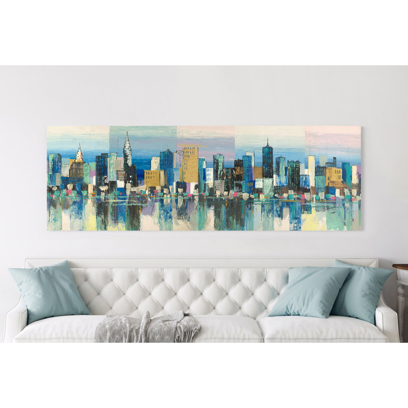 Manhattan Aqua 1 Piece Wrapped Canvas Painting, 35cm H x 100cm W x 4cm D