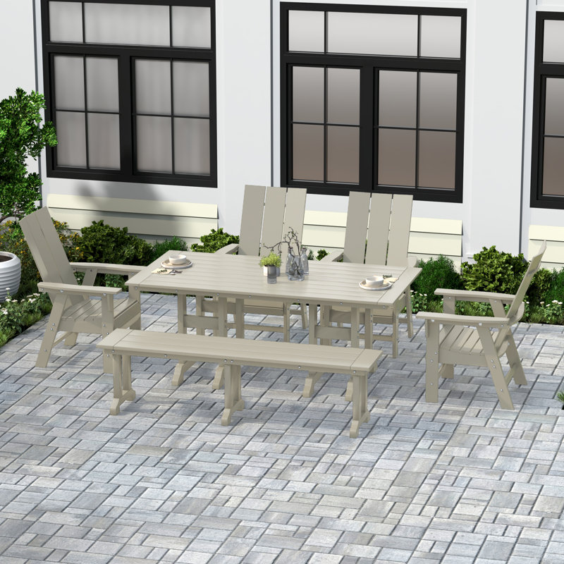 Joubert 6 - Person Patio Dining Set Umbrella Hole Included Rectangular Table, Sand