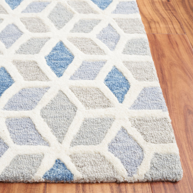 Ivory and Blue Geometric Hand-Tufted Wool Rug, 5' x 8'