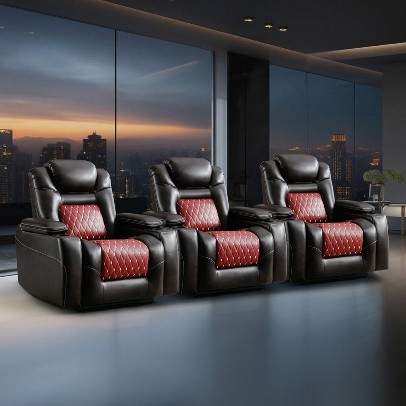  36.1'' Wide Modern and Soft Vegan Leather Dual Motor Power Home Theater Seat with Adjustable Headrest and Cup Holders