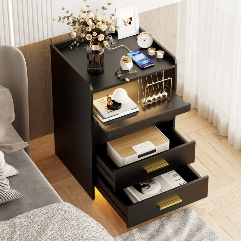 Eaden 3 Drawer Nightstand With Light, Black