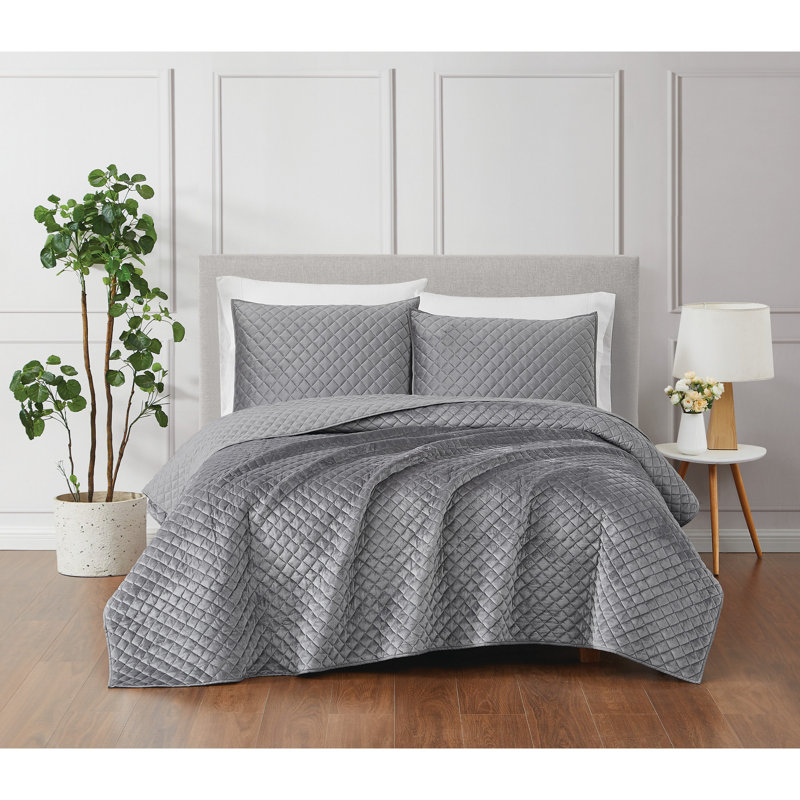 Gray Twin Velvet Reversible Quilt Set with Sham