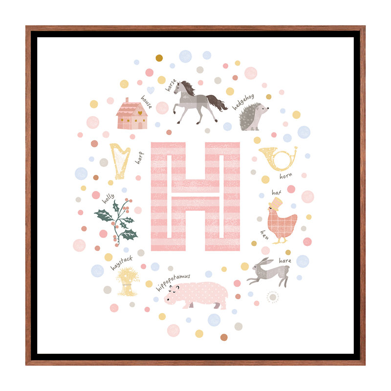 Lettre illustrée H rose - impression, Pas de tapis, Toile avec cadre brun, H 37 po x l 37 po x P 1,5 po