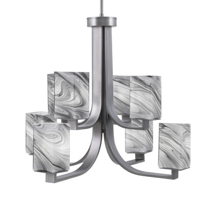 Lustre 8 lumières Apollo présenté en finition graphite avec verre tourbillon onyx carré de 3,5 po