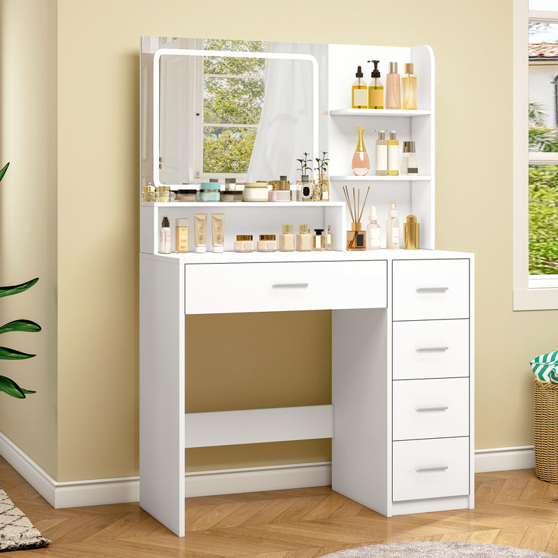 Makeup Vanity Desk With Mirror & Led Lights, 5 Drawers