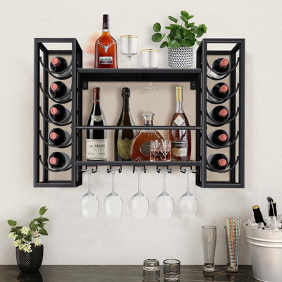 Wall Mount Wine Rack 2-Tier With Stemware Holder, Space Saving Metal Bottle Shelf For Kitchen, Home Bar, Dining Room