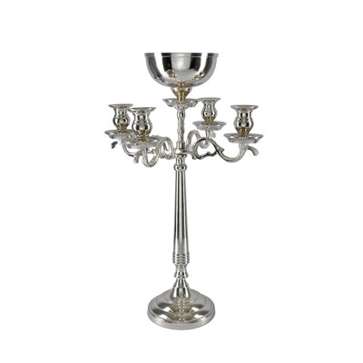 Alcott Hill® Silver Candelabra With Bowl – Elegant Nickel Finish, 4 Candle Holders & Floral Arrangement Bowl, Perfect For Weddings, Events & Home Decor, Table Centerpiece