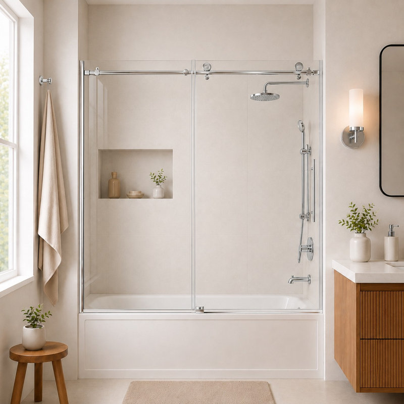 Porte de baignoire coulissante sans cadre avec verre transparent l 60 po x H 60 po, Argent
