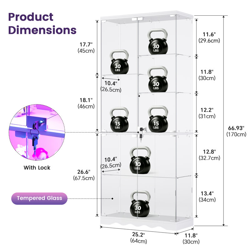 7-Tier Glass Display Cabinet with RGB LED Lighting, App Control, Motion Sensor and Lockable Doors, Pearl White