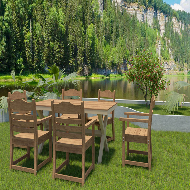 Patio Dining Chair With Armset Set Of 2,  HIPS Materialwith Imitation Wood Grain Wexture Chair For Deck Pool Backyard, Teak
