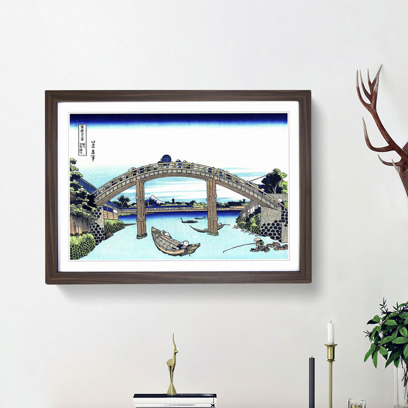 Bridge over the River by Katsushika Hokusai - Picture Frame Painting Print, 48cm H x 65cm W x 2cm D, Walnut Framed