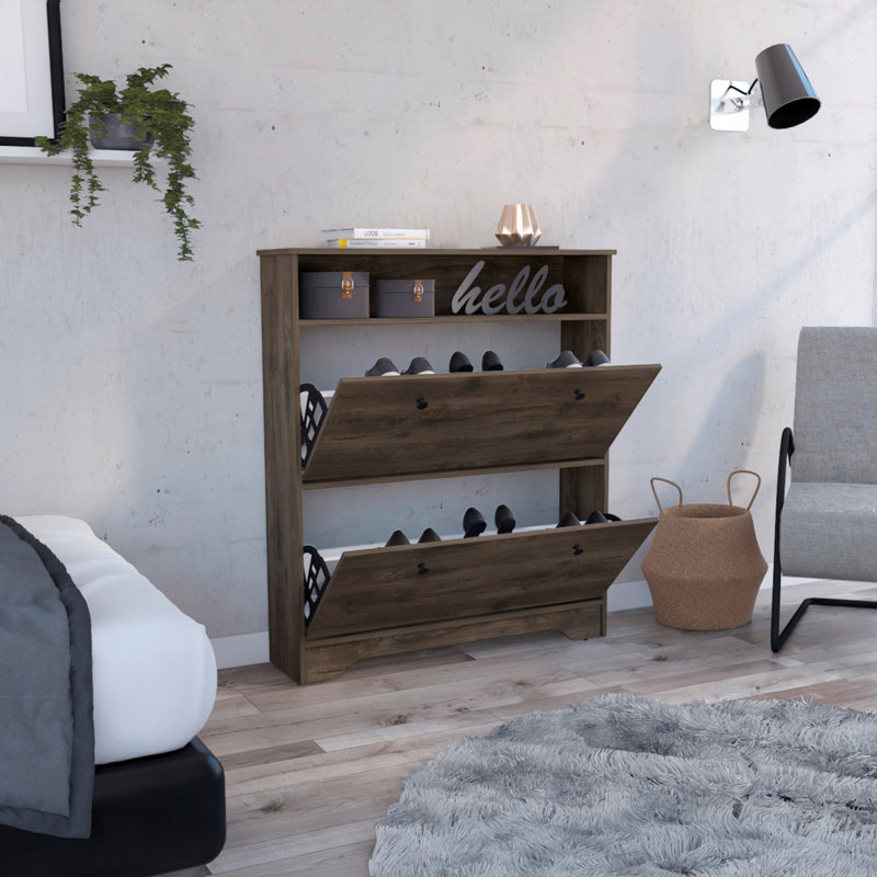 Range-chaussures, plateau supérieur, une tablette ouverte, deux tablettes extensibles, Brun