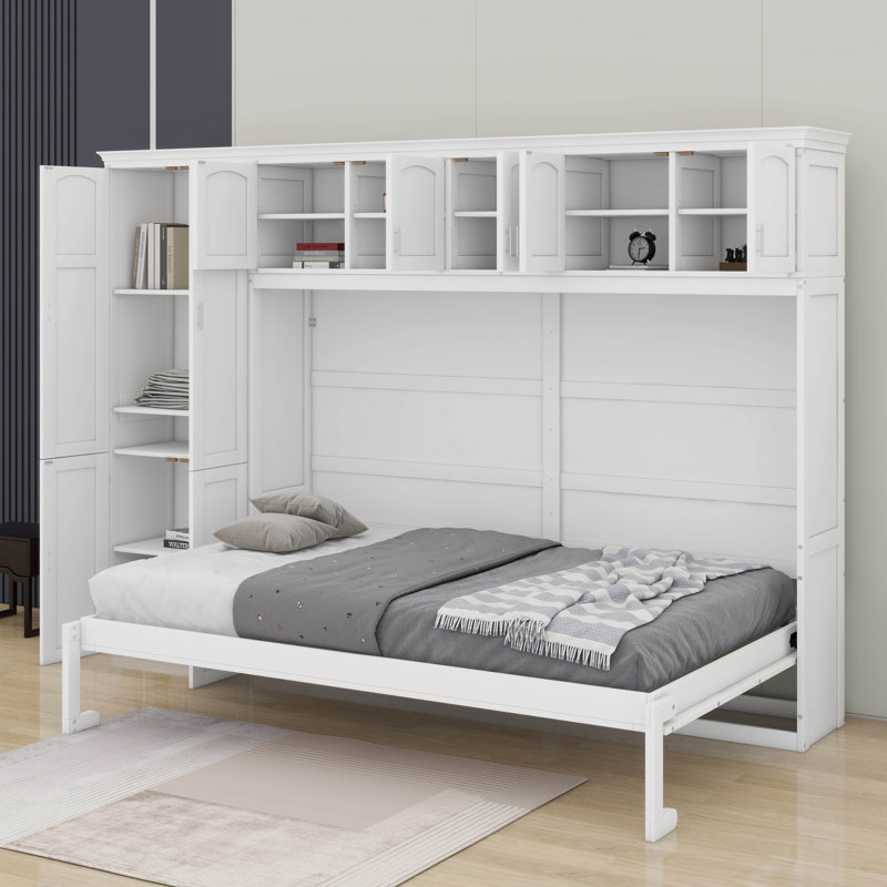 Grand lit escamotable avec armoires, Blanc
