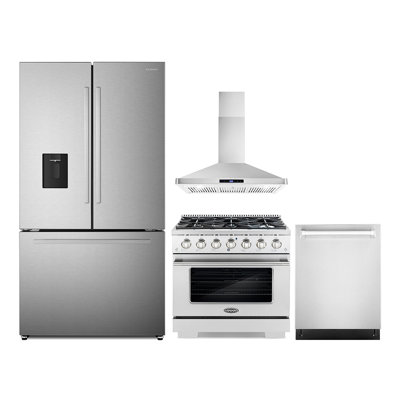 Cosmo 4 Piece Kitchen Appliance Package with French Door Refrigerator , 35.5'' Gas Freestanding Range , Built-In Dishwasher , and Wall Mount Range Hood