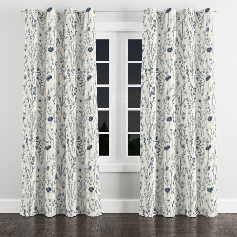 Rideaux obscurcissant French Country - 1 panneau de rideaux à œillets Blue Meadow, L 52 po x L 63 po, Œillets dorés