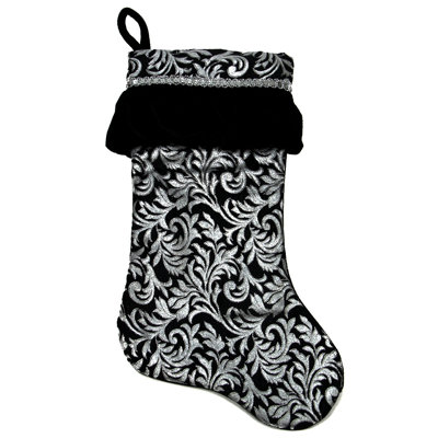 Chaussette de Noël 20 po à motif floral noir et argent avec bordure à volants