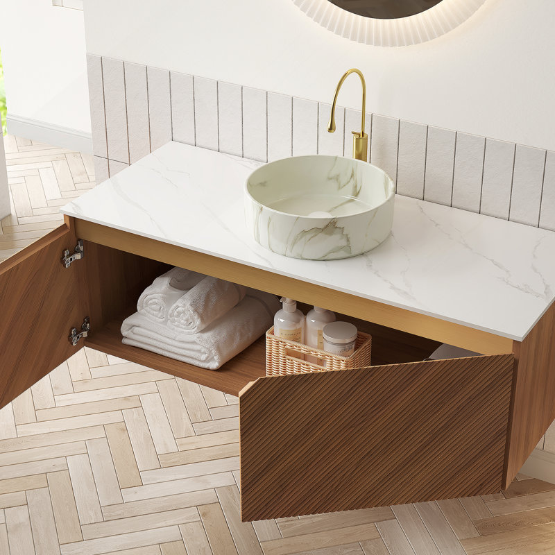 Meuble-lavabo de salle de bain avec vasque ronde en céramique et plateau en pierre frittée