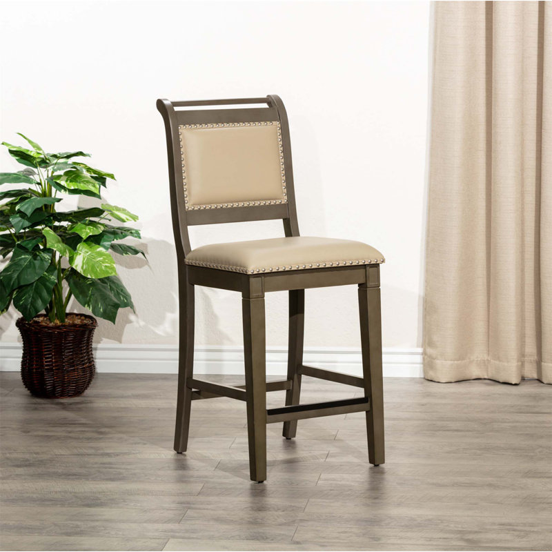 Tabouret de comptoir, siège en cuir, Gris français, Gris patiné