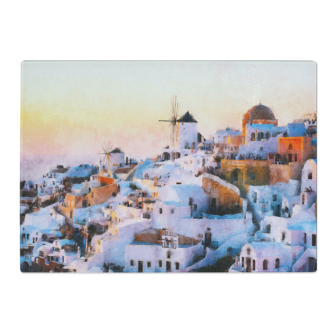 Tempered Glass Oia Santorini Skyline in Greece Chopping Board